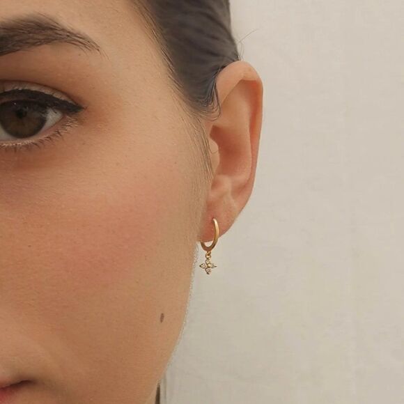 Dainty Crystal Flower Charm Hoop Earrings in Gold - Picture 11 of 13